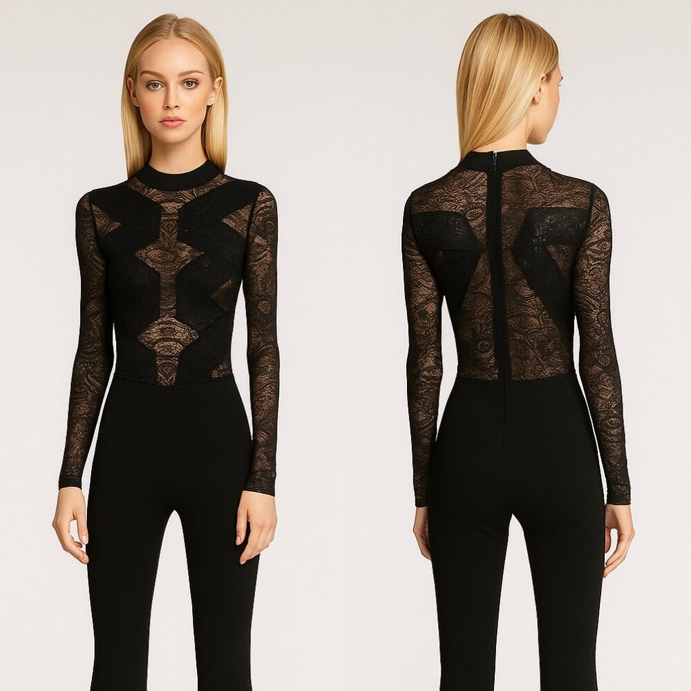 BCBGMaxAzria Womens Elshane Black Jumpsuit Lace Trim Mock Neck XXS